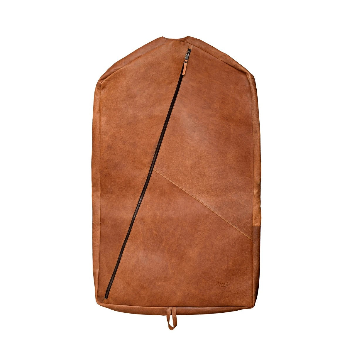 Garment Bag in Tobacco, front view with diagonal zipper