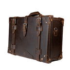 Grandfather Carry On in Dark Coffee Brown, angled front view with buckle straps and side strap ring