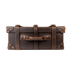 Grandfather Carry On in Dark Coffee Brown, top view showing the leather carry handle and strap keepers