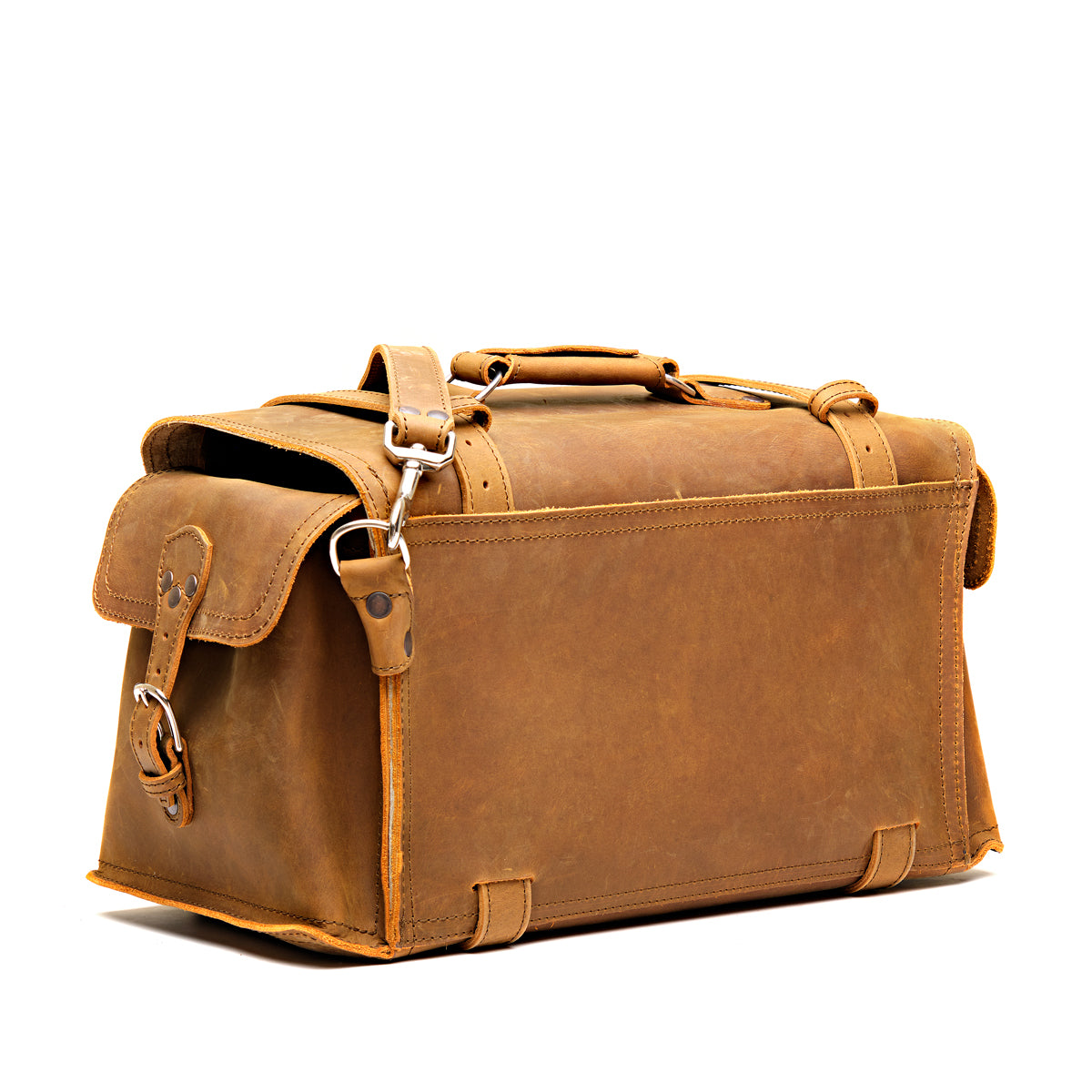 Side Pocket Leather Duffle in Tobacco, angled back view showing the buckled side pocket and smooth back panel