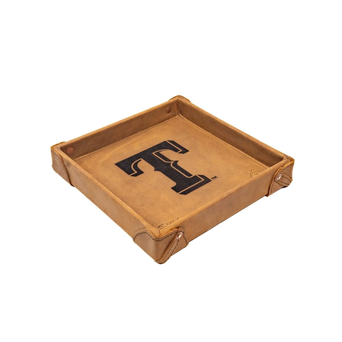Texas Rangers Leather Valet Tray in Tobacco with riveted corners and embossed T logo, angled view