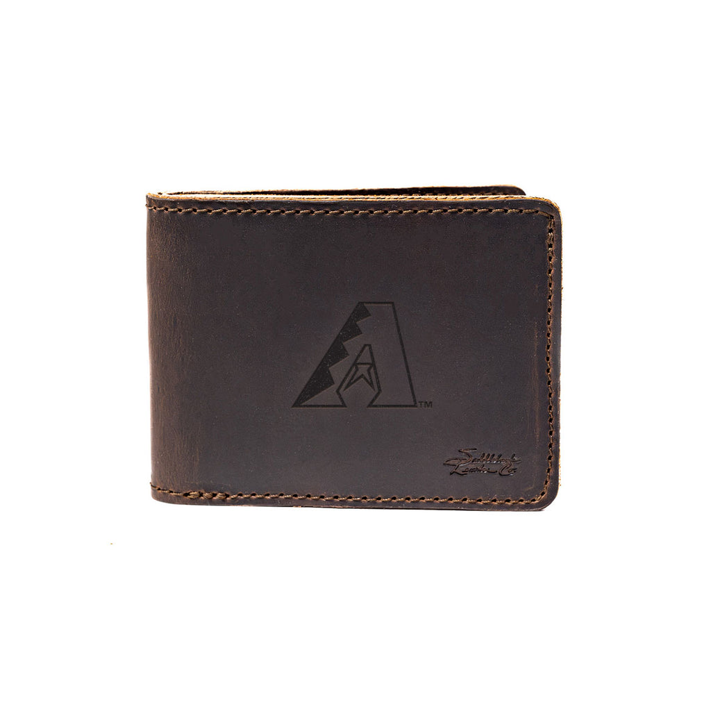 Leather Bifold Wallet in Dark Coffee Brown with embossed Arizona Diamondbacks A logo, closed front view