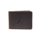 Leather Bifold Wallet in Dark Coffee Brown with embossed Arizona Diamondbacks A logo, closed front view