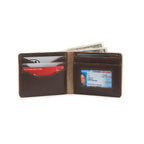 Kansas City Royals Leather Bifold Wallet in Dark Coffee Brown opened to show card slots, ID window and cash