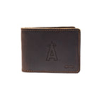 Leather Bifold Wallet in Dark Coffee Brown with embossed Los Angeles Angels halo A logo, closed front view