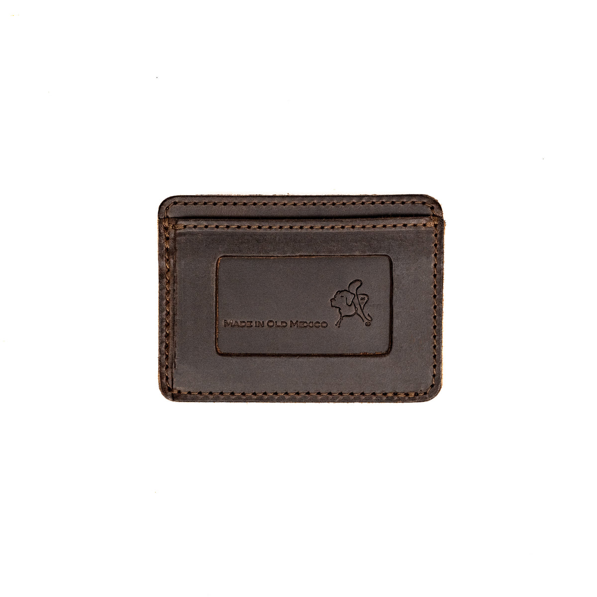 Front Pocket Leather ID Wallet in Dark Coffee Brown, back view with stamped Made in Old Mexico panel and emblem