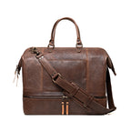 Two Compartment Duffle in Dark Coffee Brown, front view with shoulder strap and zippered shoe compartment