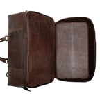 Two Compartment Duffle in Dark Coffee Brown, empty bottom shoe compartment unzipped and opened flat