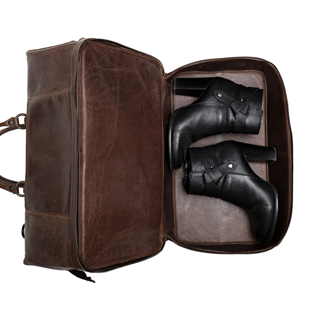 Two Compartment Duffle in Dark Coffee Brown, bottom shoe compartment opened with a pair of black boots inside