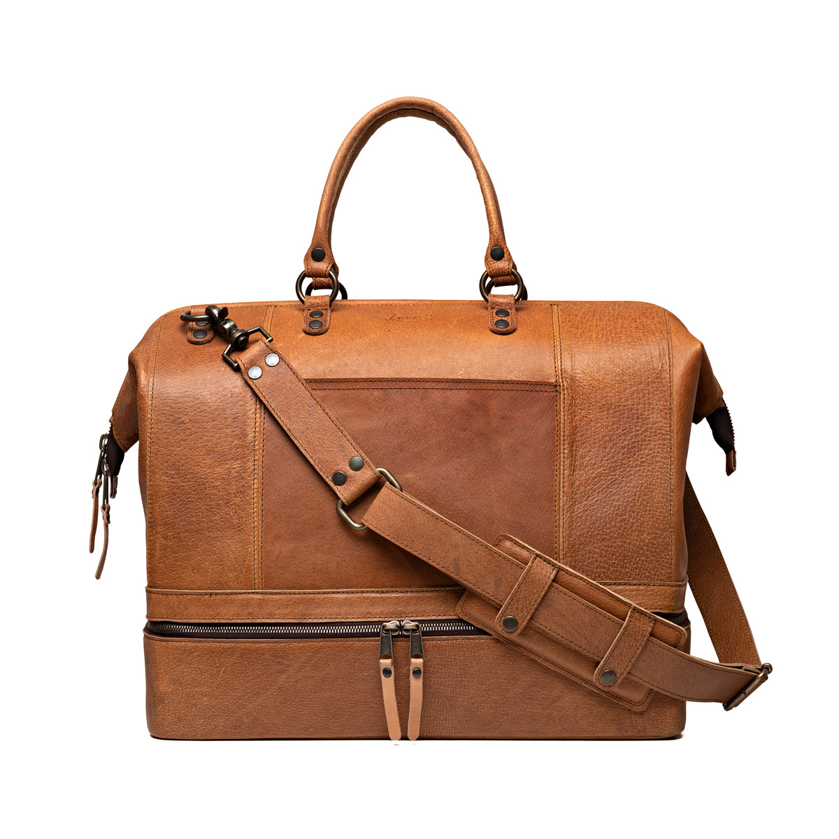 Two Compartment Duffle in Tobacco, front view with top handles and adjustable shoulder strap