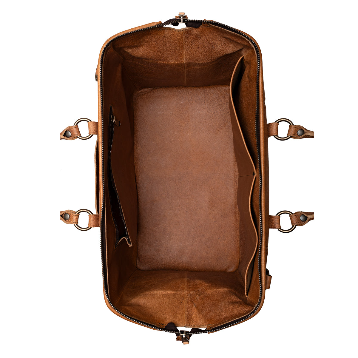 Two Compartment Duffle in Tobacco, top-down view of the open main compartment with leather-lined interior pockets