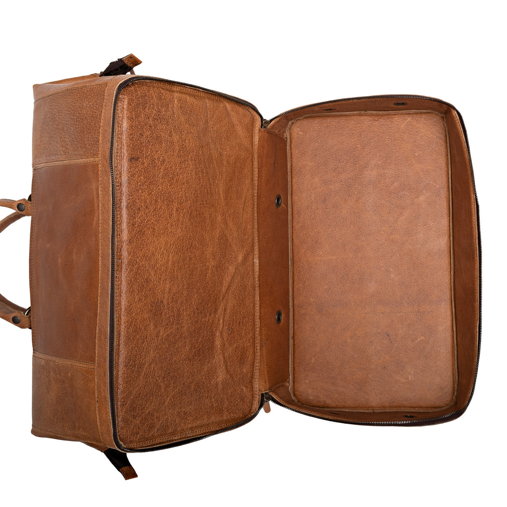 Two Compartment Duffle in Tobacco, opened flat showing the empty unzipped bottom shoe compartment