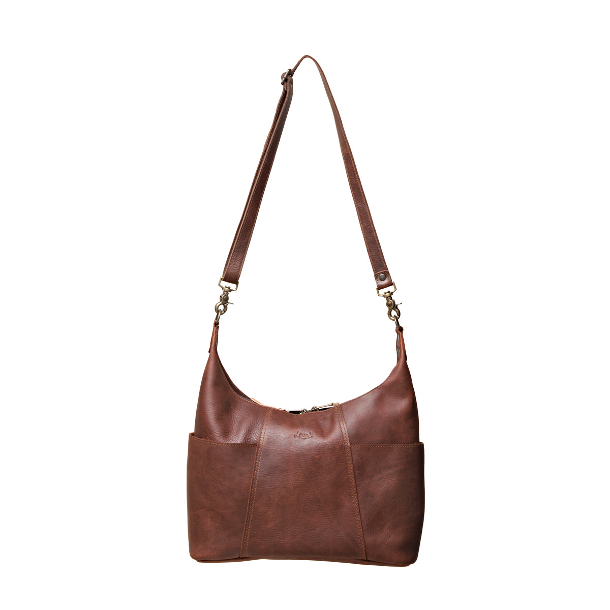 Women's Hobo Organizer Bag in Chestnut, front view hanging from its shoulder strap