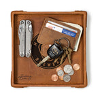Milwaukee Brewers Leather Valet Tray in Tobacco, top-down view holding a multi-tool, card wallet, keys and coins