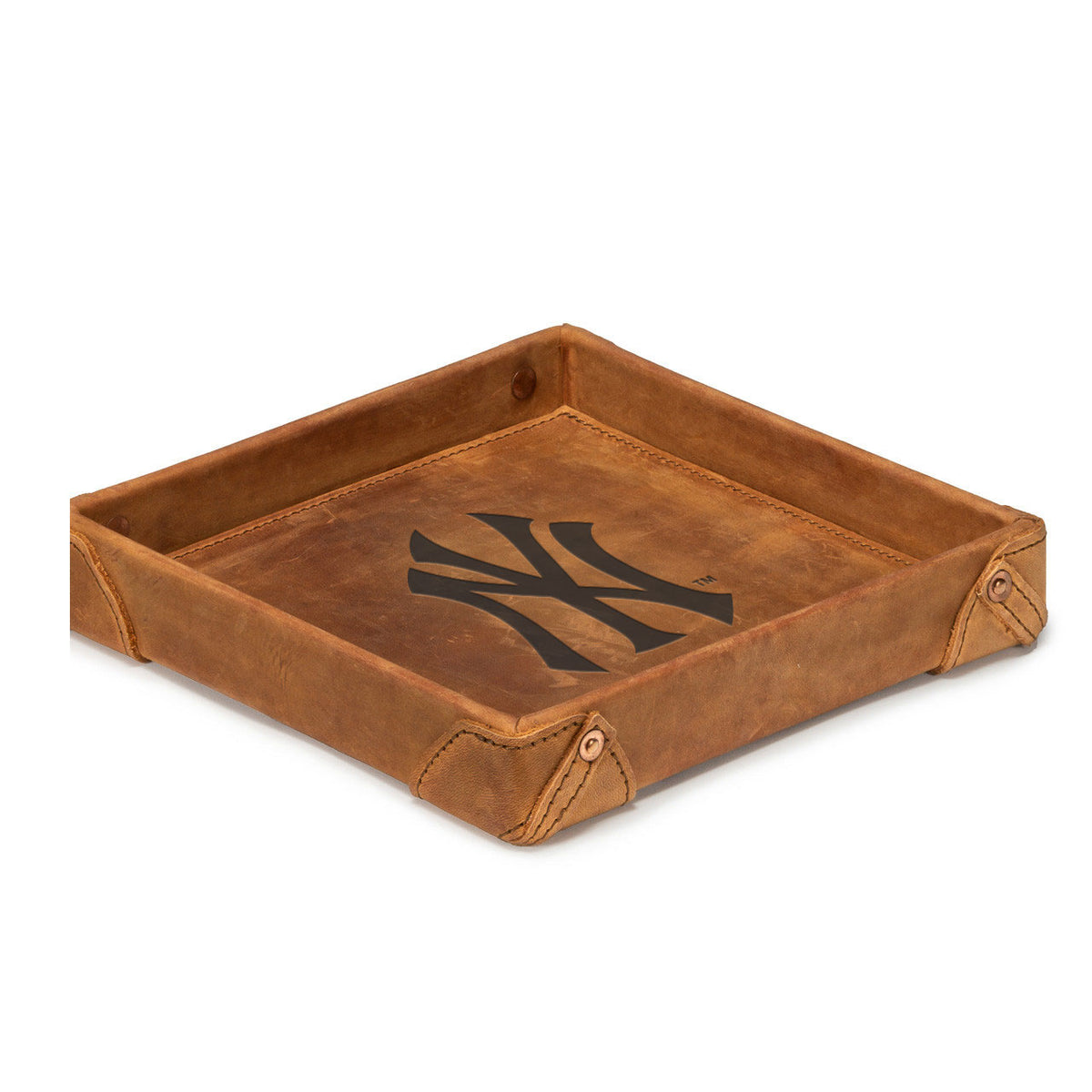 New York Yankees Leather Valet Tray in Tobacco with riveted corners and embossed interlocking NY logo