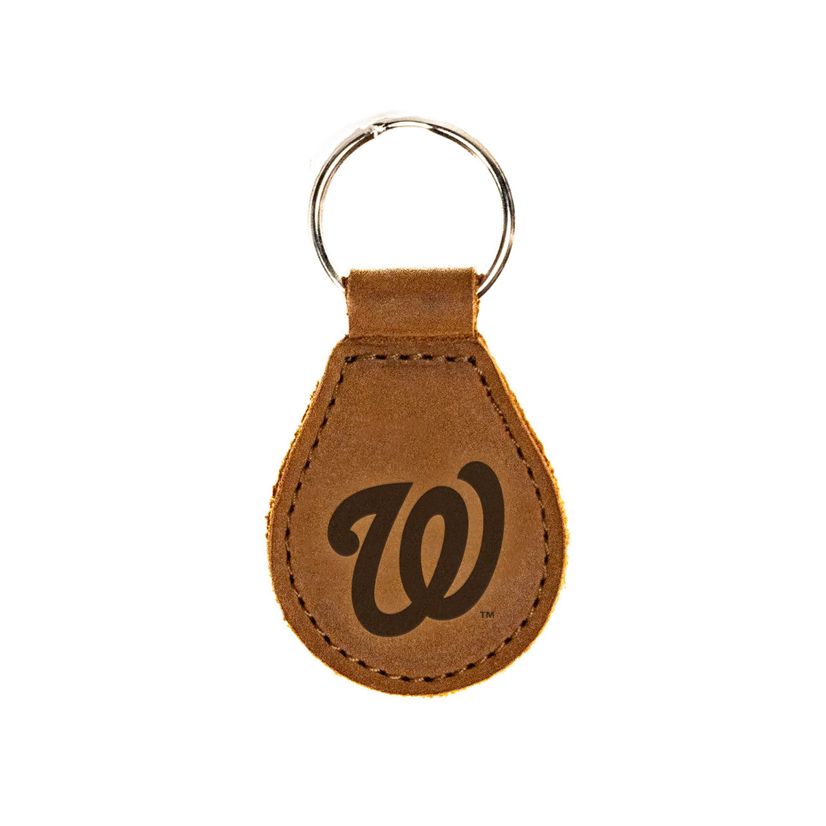 Washington Nationals Leather Keychain in Tobacco with curly W logo and key ring, front view