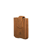 Leather Playing Cards Case in tan, closed back view with flap tab and embossed mascot