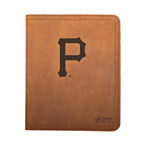 Leather Portfolio - Pittsburgh Pirates in Tobacco, closed, front view with P logo and stitched edges