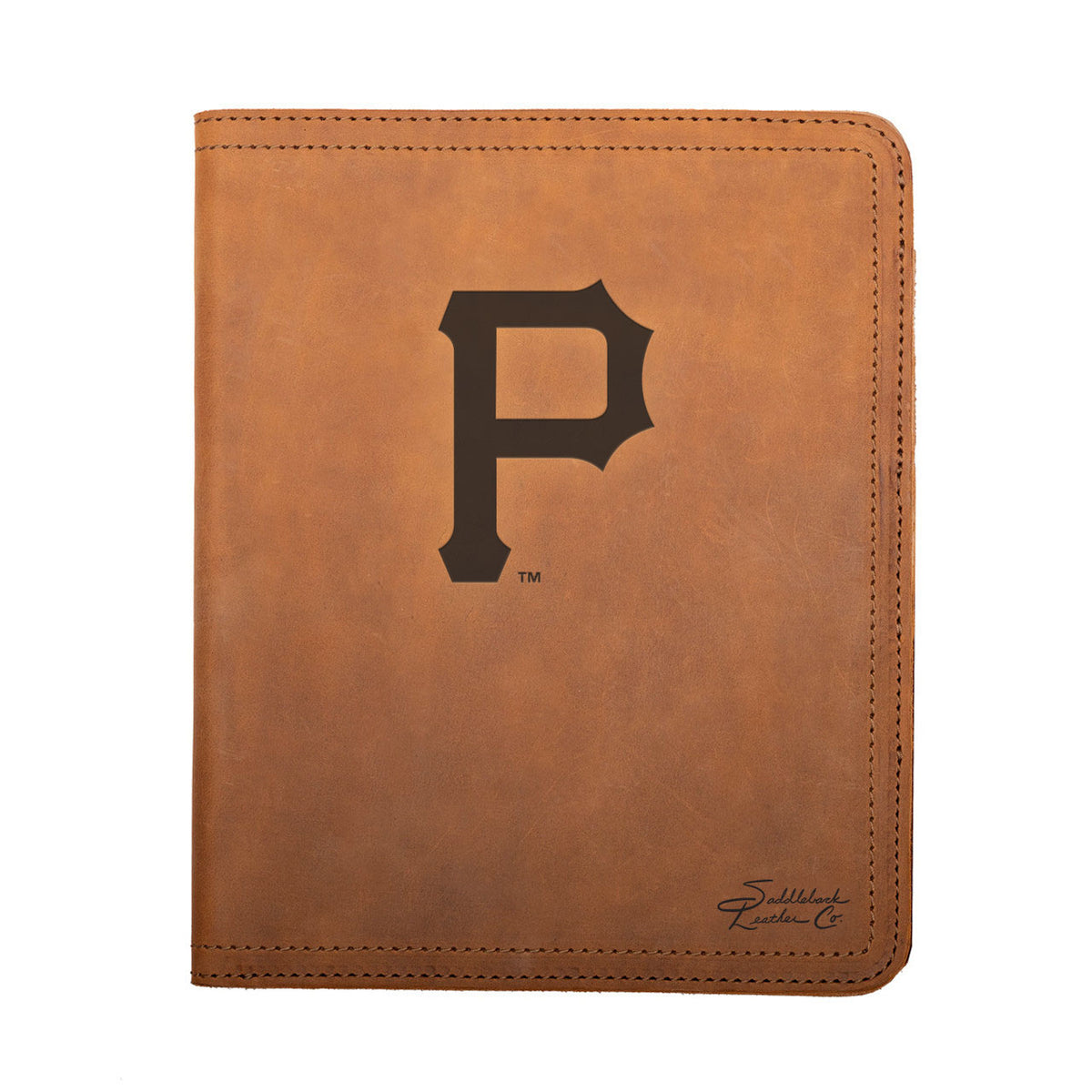 Leather Portfolio - Pittsburgh Pirates in Tobacco, closed, front view with P logo and stitched edges