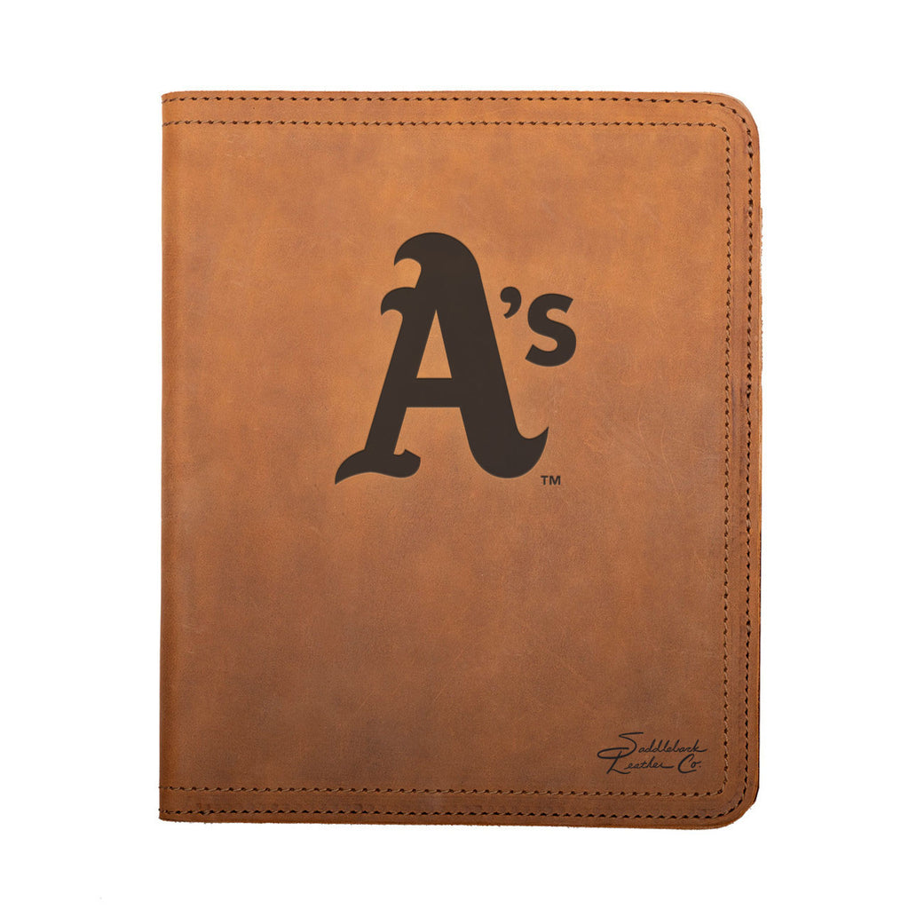 Leather Portfolio - Oakland Athletics in Tobacco, closed, front view with A's logo and stitched edges