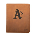 Leather Portfolio - Oakland Athletics in Tobacco, closed, front view with A's logo and stitched edges