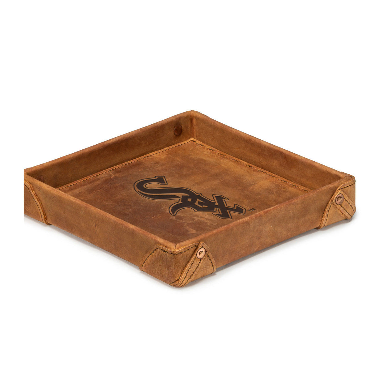 Chicago White Sox Leather Valet Tray in Tobacco with riveted corners and embossed SOX logo