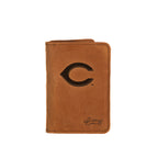 Leather Business Card Holder in Tobacco with embossed Cincinnati Reds C logo, closed with a card peeking out