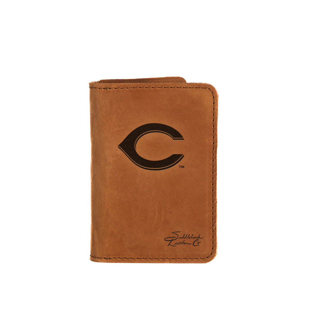 Leather Business Card Holder in Tobacco with embossed Cincinnati Reds C logo, closed with a card peeking out