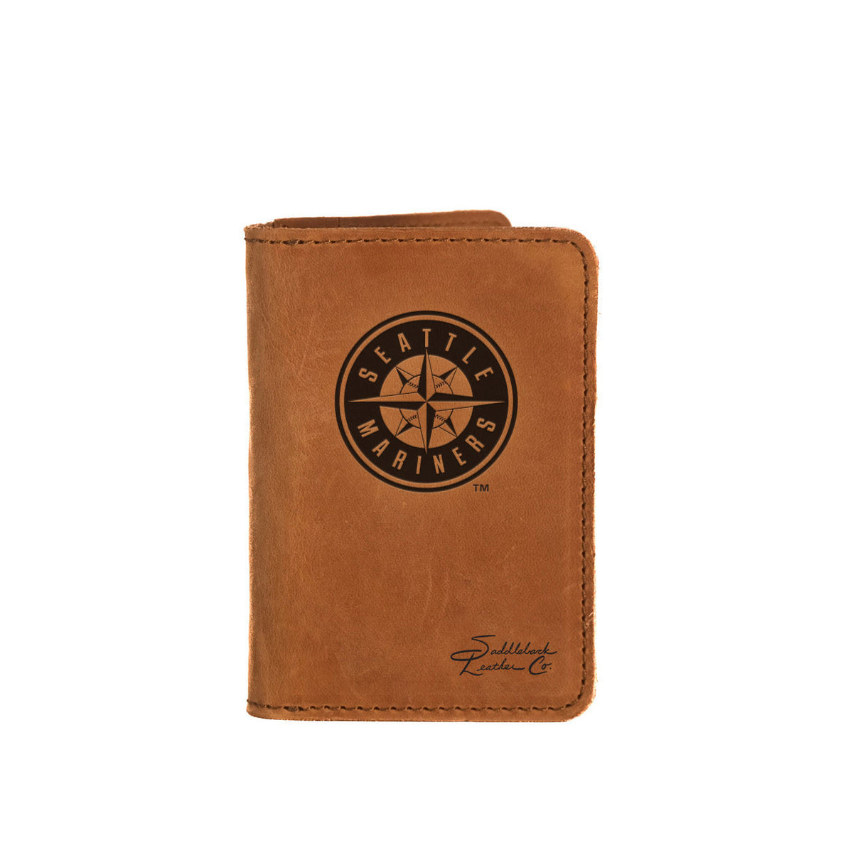 Leather Business Card Holder in Tobacco with embossed Seattle Mariners compass logo, closed with a card peeking out