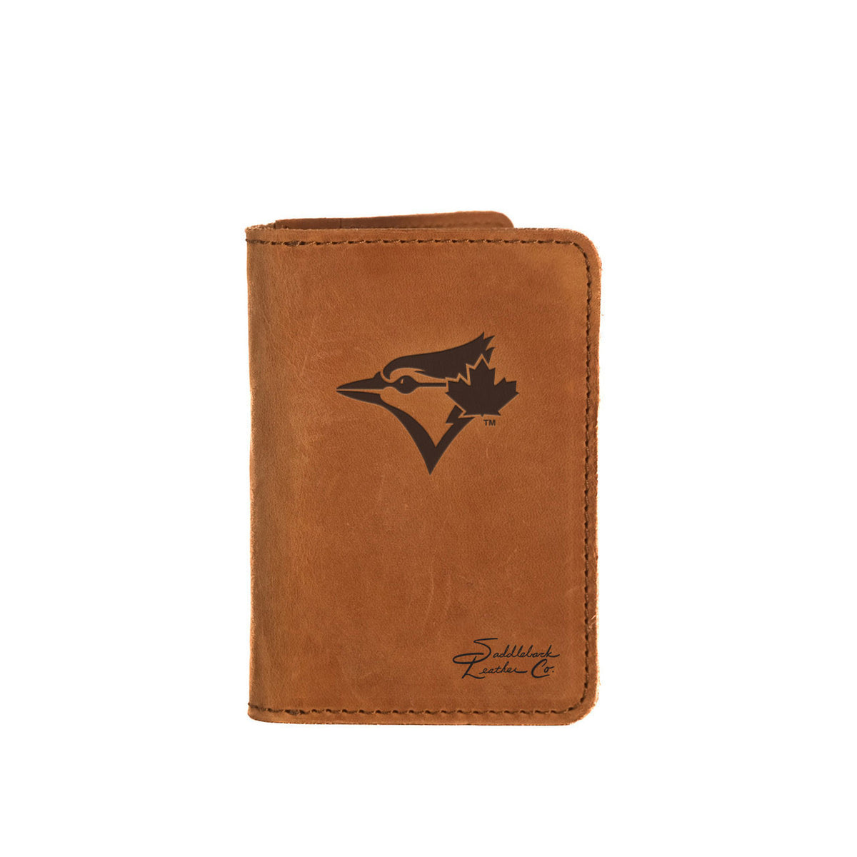 Leather Business Card Holder in Tobacco with embossed Toronto Blue Jays logo, closed front view