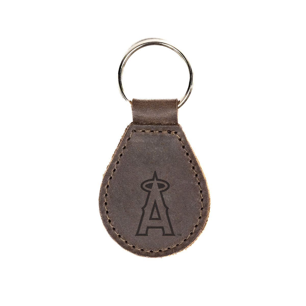 Los Angeles Angels of Anaheim Leather Keychain in Dark Coffee Brown with halo A logo and silver key ring, front view