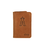 Leather Business Card Holder in Tobacco with embossed Los Angeles Angels halo A logo, closed with a card peeking out