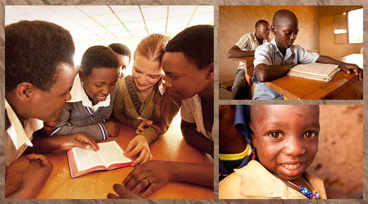 Three photos: a woman reading an open book with four uniformed schoolchildren, two boys studying at a classroom desk, and a smiling young child