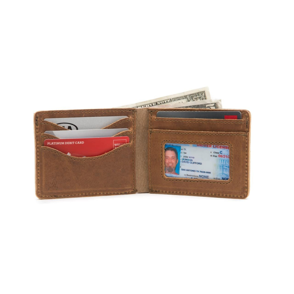 Kansas City Royals Leather Bifold Wallet in Tobacco opened to show card slots, ID window and cash