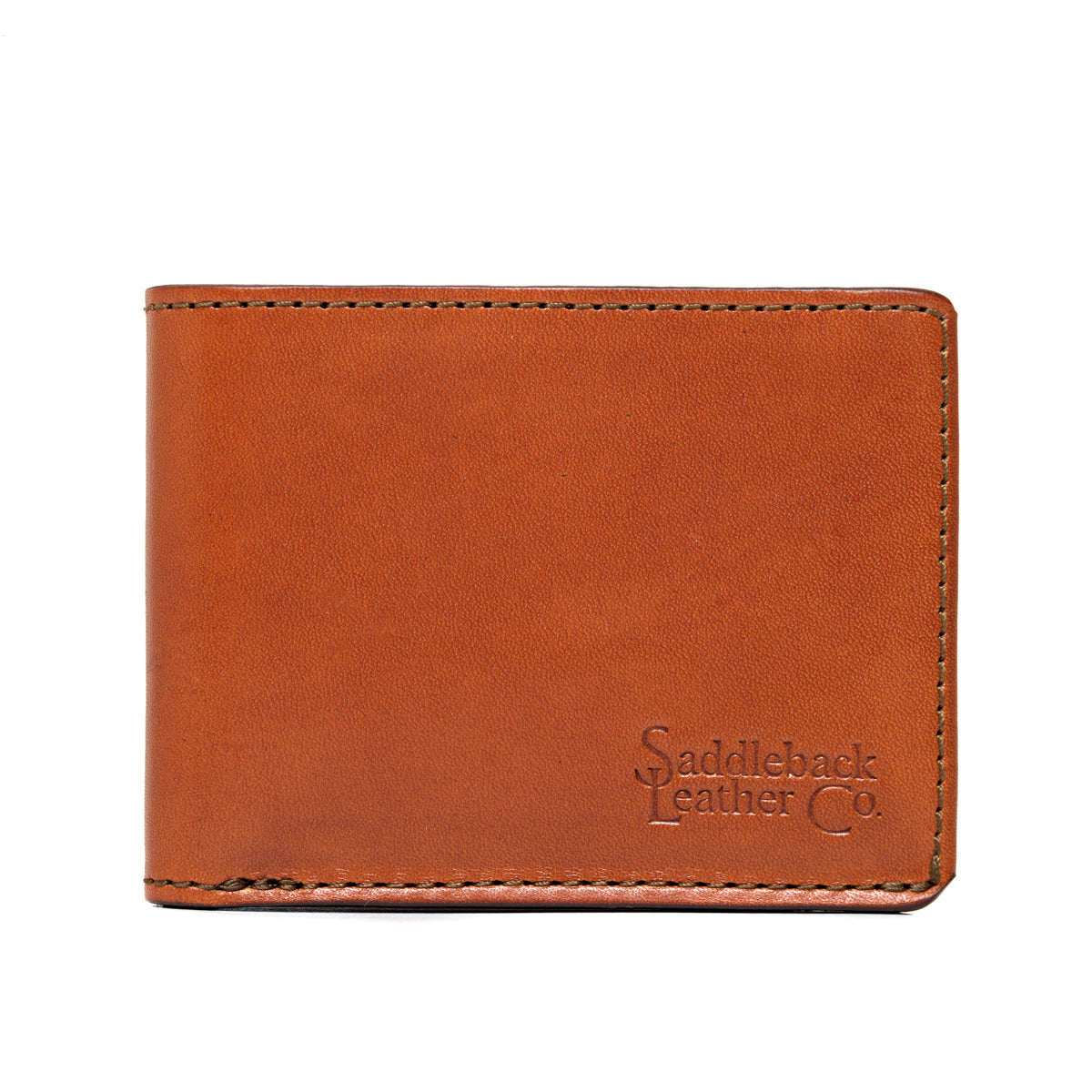 William Penn Bifold Wallet in English Tan, closed front view with debossed Saddleback Leather Co. logo