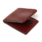 William Penn Bifold Wallet in Oxblood, partly open side view showing the stitched edges