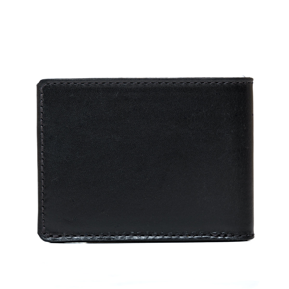 William Penn Bifold Wallet in Raven Black, closed back view with stitched edges
