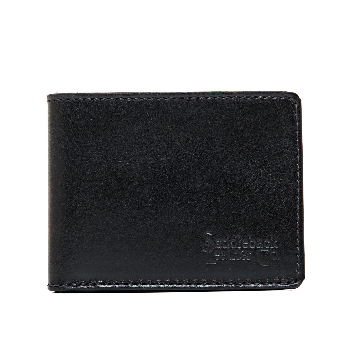 William Penn Bifold Wallet in Raven Black, closed front view with debossed Saddleback Leather Co. logo