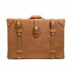 Grandfather Medium Suitcase in Tobacco, front view with three buckle straps and riveted corner caps