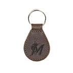 Miami Marlins Leather Keychain in Dark Coffee Brown with M and marlin logo and silver key ring, front view