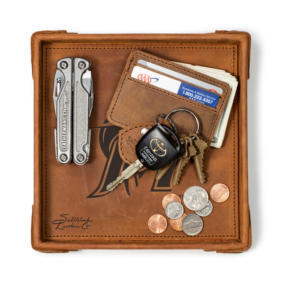 Miami Marlins Leather Valet Tray in Tobacco, top-down view holding a multi-tool, card wallet, keys and coins