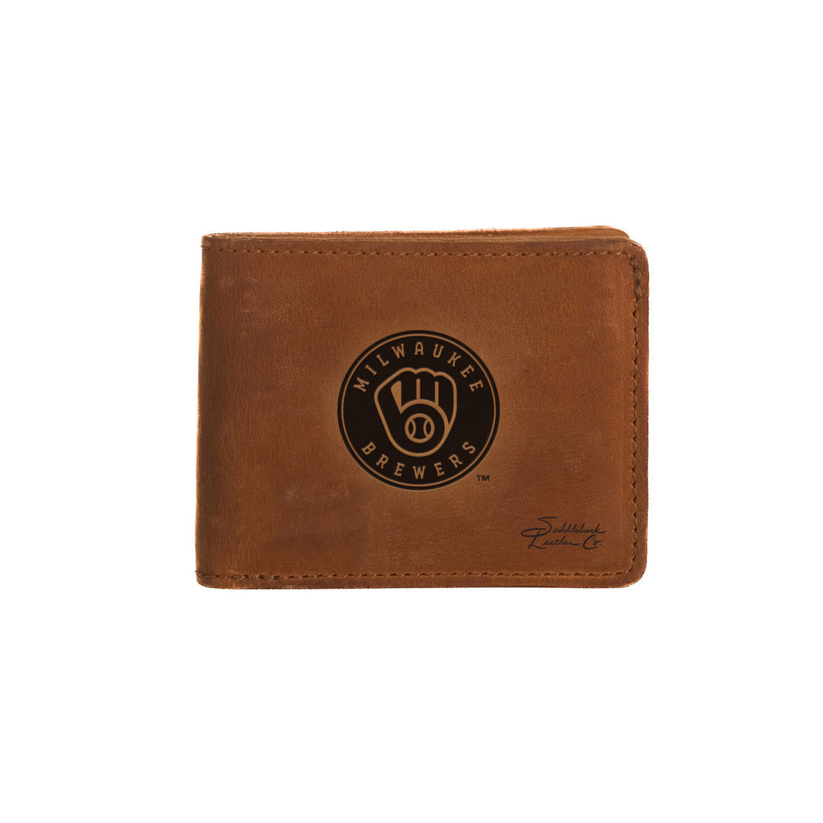 Leather Bifold Wallet in Tobacco with embossed Milwaukee Brewers ball-in-glove logo, closed front view