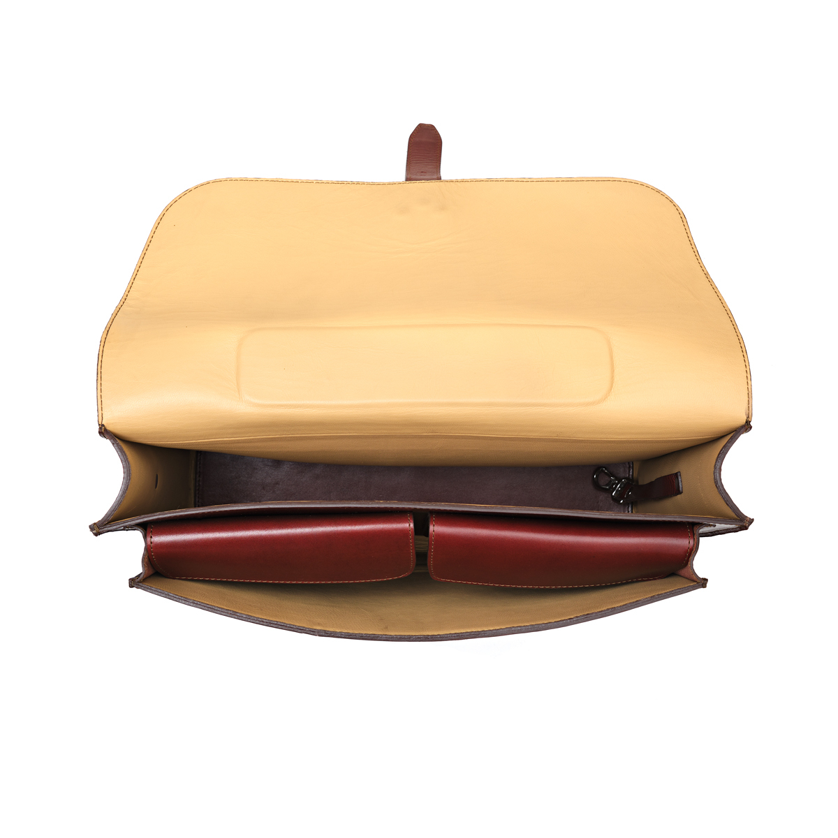 Silverback Livingstone minimal briefcase opened to show its tan interior and oxblood leather pockets
