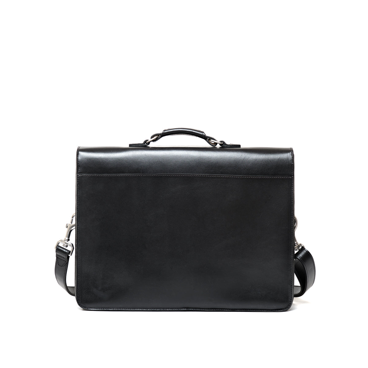 Livingstone Briefcase in Raven Black, back view with top handle and shoulder strap clips