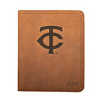 Leather Portfolio - Minnesota Twins in Tobacco, closed, front view with TC logo and stitched edges