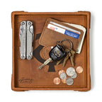 Minnesota Twins Leather Valet Tray in Tobacco, top-down view holding a multi-tool, card wallet, keys and coins