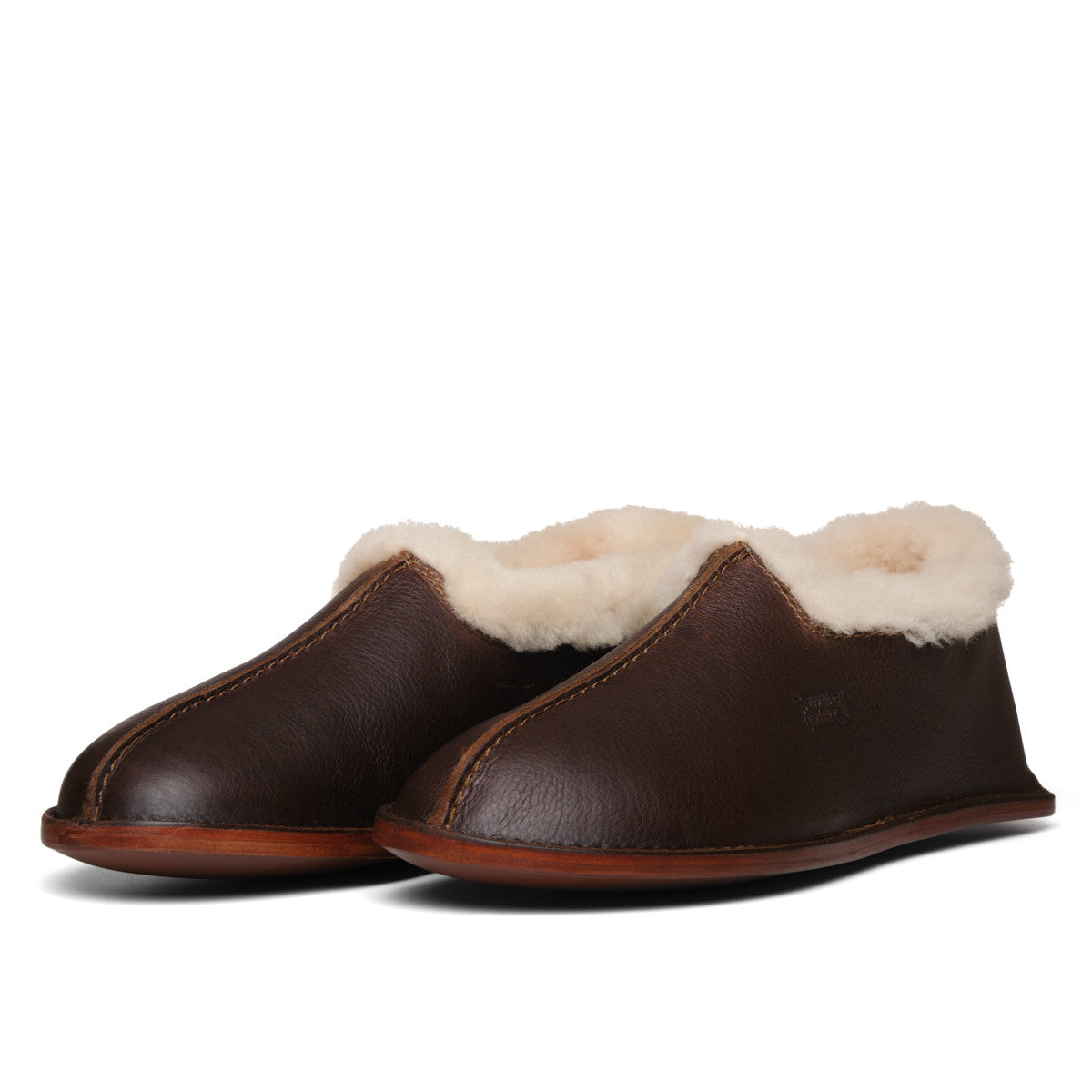 Pair of Sheepskin Moccasins in Dark Coffee Brown with fleece collars, angled front view