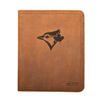 Leather Portfolio - Toronto Blue Jays in Tobacco, closed, front view with blue jay logo and stitched edges