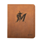 Leather Portfolio - Miami Marlins in Tobacco, closed, front view with marlin logo and stitched edges