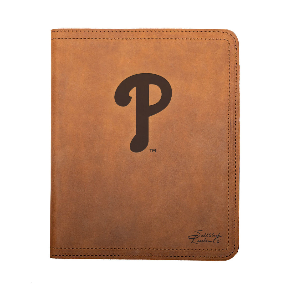 Leather Portfolio - Philadelphia Phillies in Tobacco, closed, front view with script P logo and stitched edges
